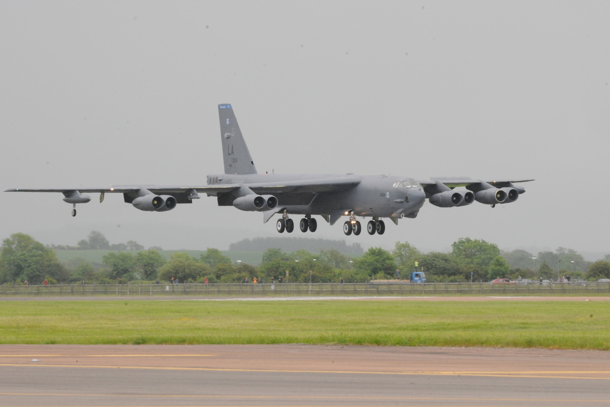 A B-52 Stratofortress comes in for a landing at RAF Fairford, United Kingdom, June 4. Three B-52s will operate from RAF Fairford for training. (U.S. Air Force photo by Capt. Brian Maguire)