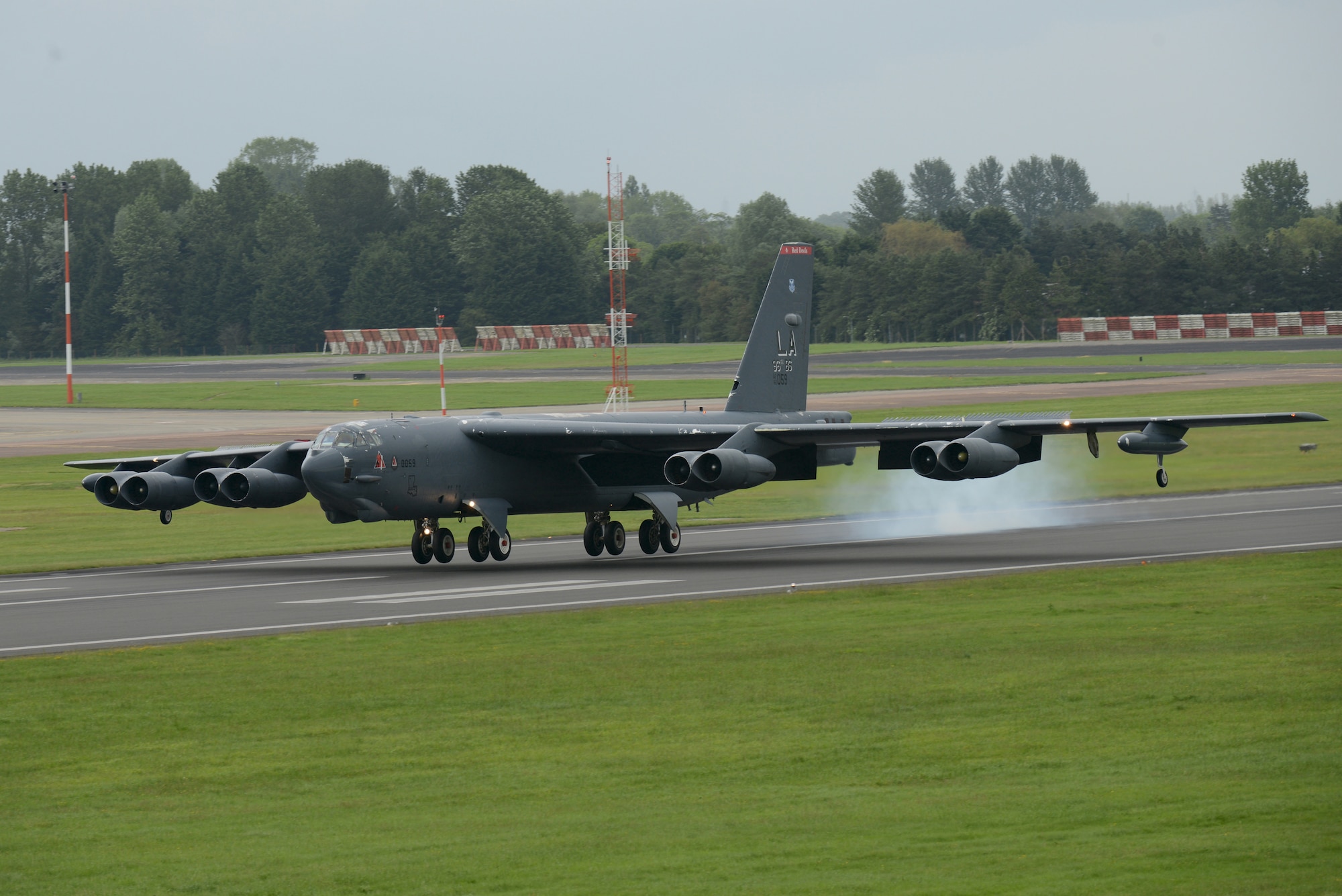 A B-52 Stratofortress from Barksdale Air Force Base, La., touches down at RAF Fairford, United Kingdom, June 4. Air Force Global Strike aircraft arrived at RAF Fairford June 4 for a nearly two week deployment. (U.S. Air Force photo by Tech. Sgt. Chrissy Best)