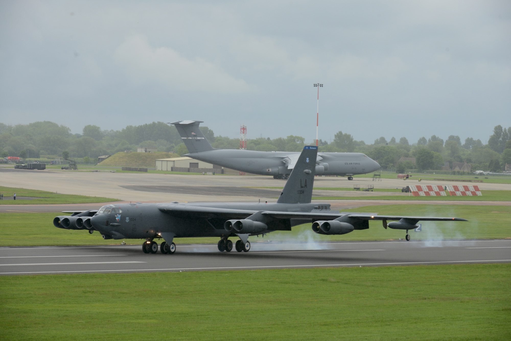 A B-52 Stratofortress from Barksdale Air Force Base, La., touches down at RAF Fairford, United Kingdom, June 4. RAF Fairford is maintained by U.S. Air Force and Royal Air Force personnel in support of contingency operations. (U.S. Air Force photo by Tech. Sgt. Chrissy Best)