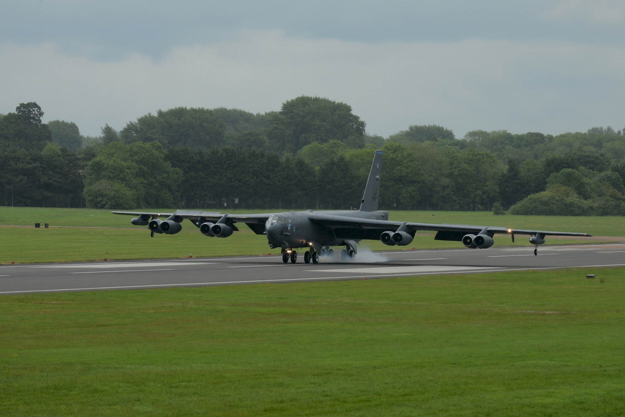 A B-52 Stratofortress touches down at RAF Fairford, United Kingdom, June 4. Air Force Global Strike Command deployed three B-52s to RAF Fairford for training with U.S. and allied military forces in the region. (U.S. Air Force photo by Tech. Sgt. Chrissy Best)