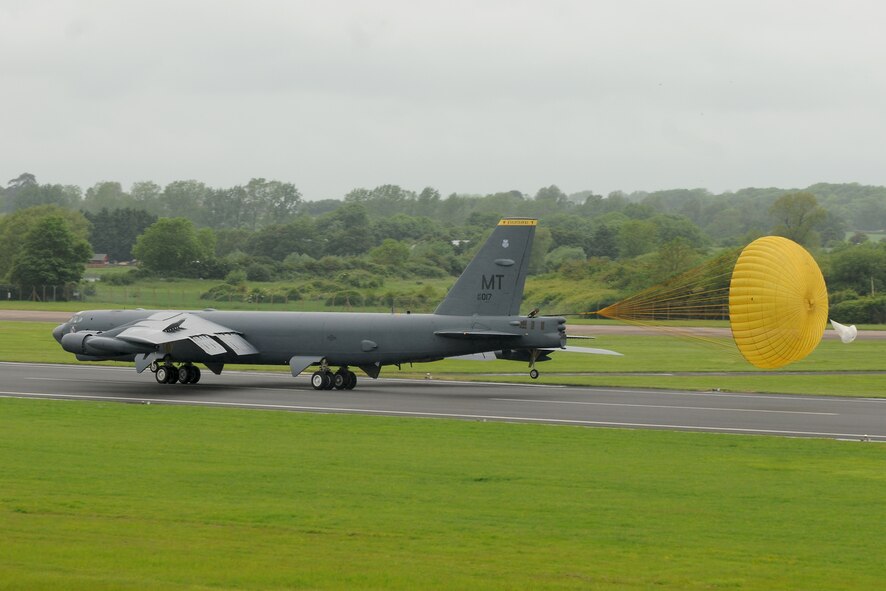 A B-52 Stratofortress from the 5th Bomb Wing at Minot Air Force Base, N.D., lands at RAF Fairford, United Kingdom, June 4. The B-52 was one of three to arrive at RAF Fairford for a nearly two week deployment to U.S. European Command. (U.S. Air Force photo by Tech. Sgt. Chrissy Best)