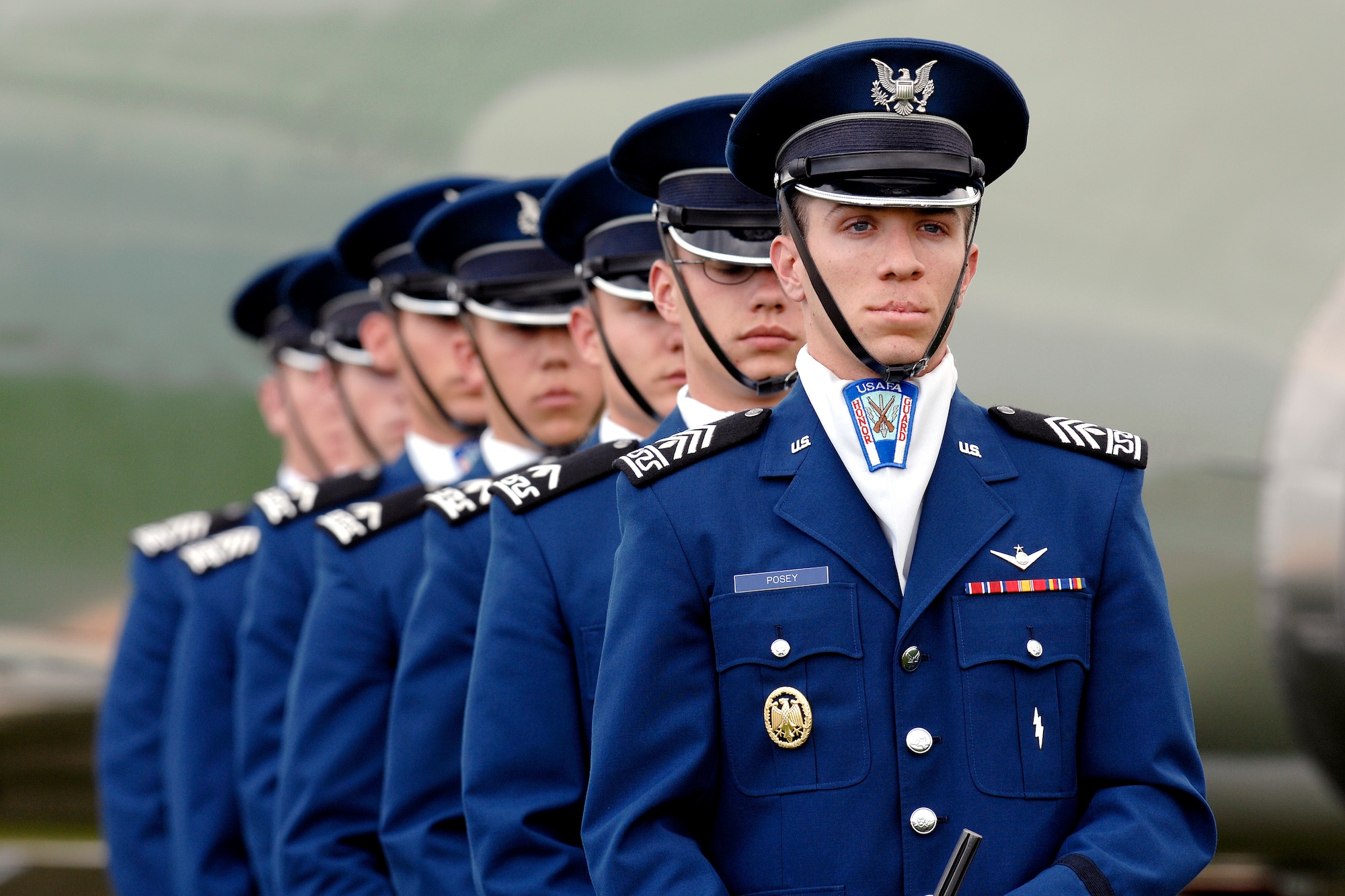 The USAFA Cadet Honor Guard stands at modified parade rest during the Academy's Homecoming Retreat Ceremony Sept. 19, 2008. (U.S. Air Force/Courtesy Photo)