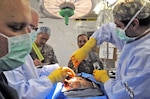 (From right) Surgeons Maj. Sina Haeri and Lt. Col. Raymond Frost, 320th Medical Company, 324th Combat Support Hospital, Joint Base San Antonio-Fort Sam Houston, cut into the patient (wearing a “cut suit”) to conduct an emergency laparotomy. Acting as the patient, combat medic Spc. Kevin Stebler, 912th Dental Company, was brought into the operating room for injuries due to a roadside bomb.
Photo by Army Staff Sgt. Carrie A. Castillo