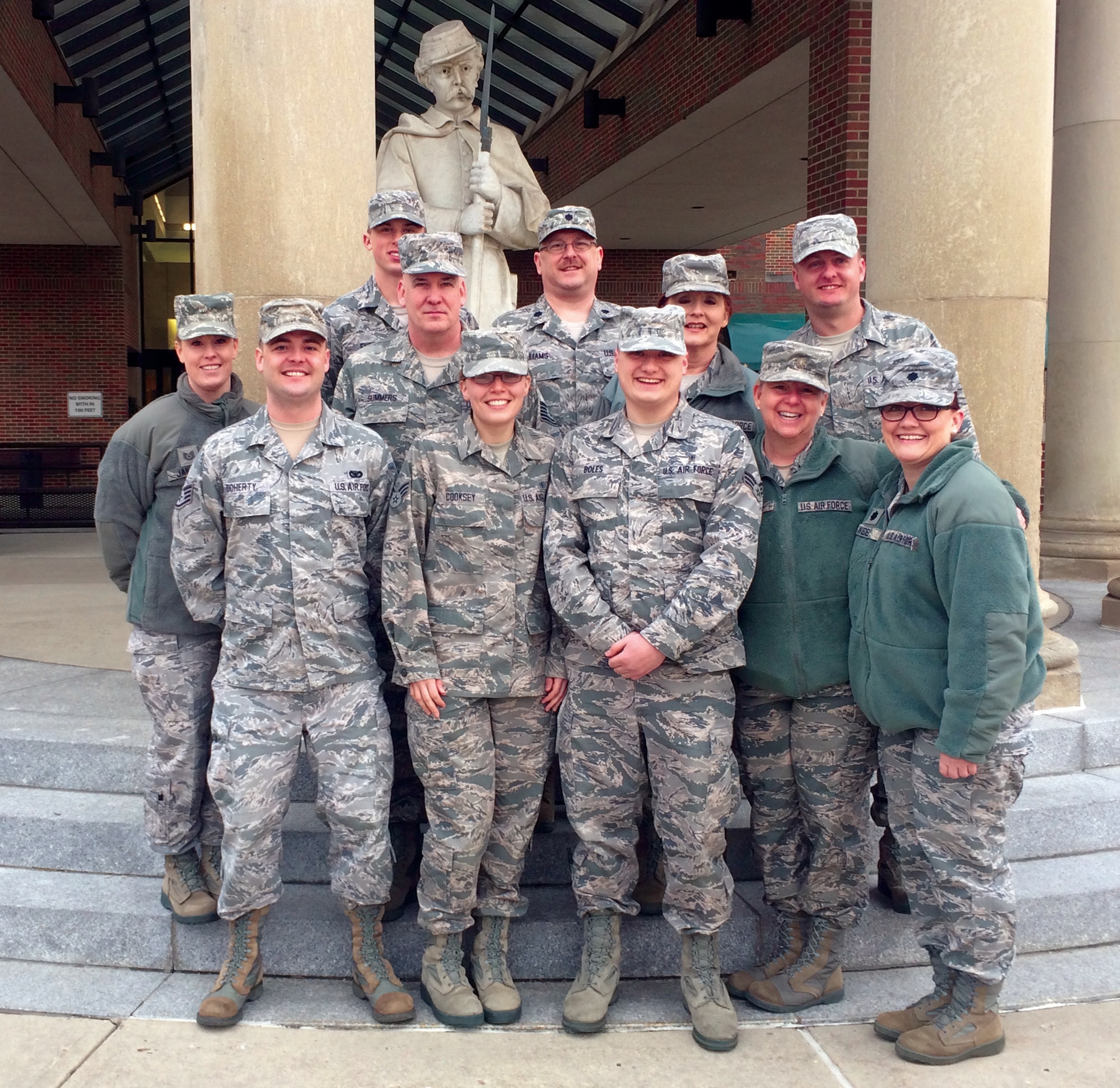 WRIGHT-PATTERSON AIR FORCE BASE, Ohio - Reservists assigned to the 445th Aeromedical Staging Squadron stand on the steps outside the Dayton Veterans Affairs Medical Center Feb. 23 during their bi-monthly training. (Courtesy photo)