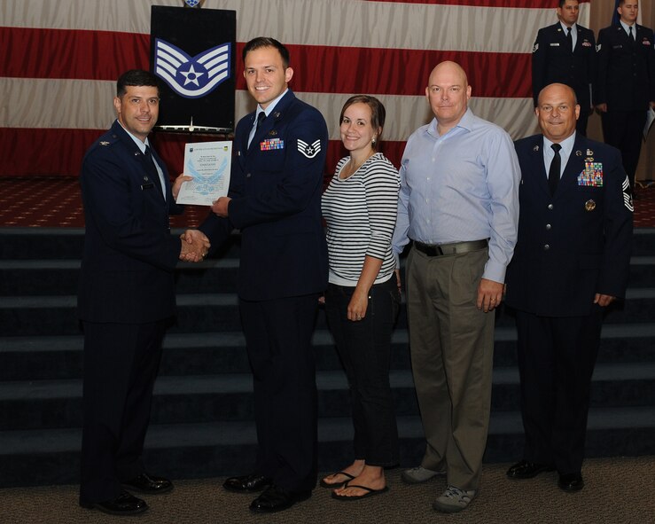 Staff Sgt. John Gandy, 2nd Communications Squadron, receives a certificate of promotion from Col. Andrew Gebara, 2nd Bomb Wing commander, and Chief Master Sgt. Stephen Lebrun, 2nd Operations Group, during the May Promotion Ceremony on Barksdale Air Force Base, La., May 30, 2014. (U.S. Air Force photo/Senior Airman Benjamin Gonsier)