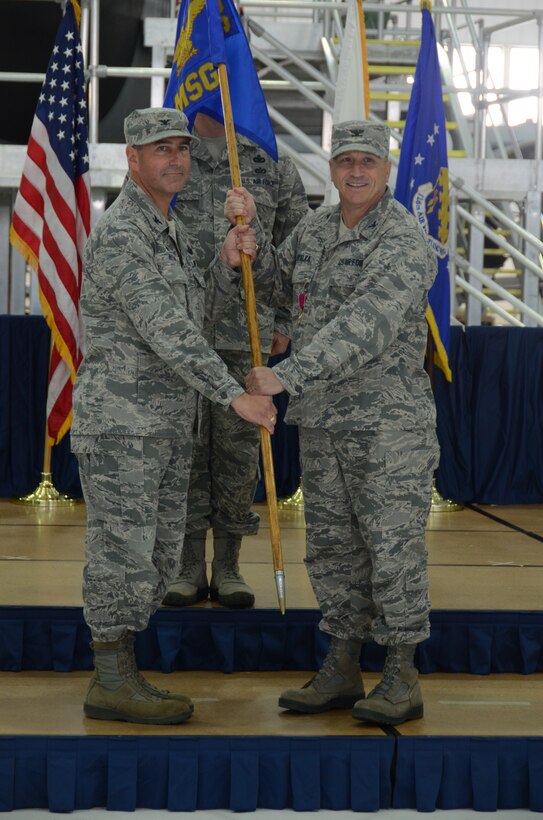 Col. Richard Nyalka, the 126th Mission Support Group commander, relinquishes command from the Mission Support Group attached to the 126th Air Refueling Wing at Scott Air Force Base, Ill., May 3, 2014. Naylka was the Mission Support Group commander for 15 years. (Air National Guard photo by Senior Airman Elise Stout)