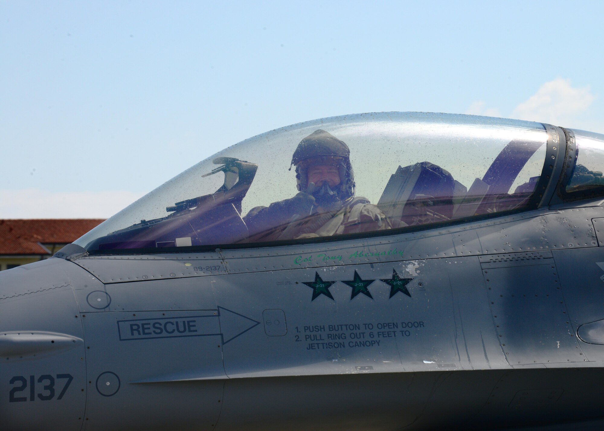 Brig. Gen. Jon A. Norman, 31st Fighter Wing commander, gives a thumbs-up from the cockpit of an F-16 Fighting Falcon after completing his final flight on station, June 3, 2014, at Aviano Air Base, Italy. The "fini-flight" is a time-honored military aviation tradition marking the last flight of a pilot's or commander's time with a unit. (U.S. Air Force photo/Airman 1st Class Ryan Conroy)