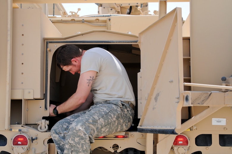 Tech. Sgt. Russell Achee, 82nd Expeditionary Air Support Operations Squadron vehicle maintenance NCO, inspects a mine-resistant ambush-protected vehicle for inventory compliance and upgrade requirements. The expertise of the support functions within an EASOS unit help to ensure mission completion Tactical Air Control Party Airmen. (U.S. Air Force photo by 1st Lt. Holli Nelson) 