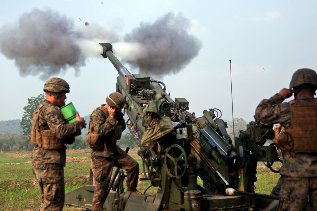 U.S. Marine Corps photo by Cpl. Garry Welch  
Caption: U.S. Marines fire an M777A2 Ultra Light Weight Howitzer during Exercise Cobra Gold 2012 in Thailand's Chai Badan province, Feb. 14, 2012. The Marines are assigned to Battery L, Battalion Landing Team 1st Battalion, 4th Marine Regiment, 31st Marine Expeditionary Unit. The Marines were firing to prepare for an upcoming exercise.  
U.S. Marines fire an M777A2 Ultra Light Weight Howitzer during Exercise Cobra Gold 2012 in Thailand's Chai Badan