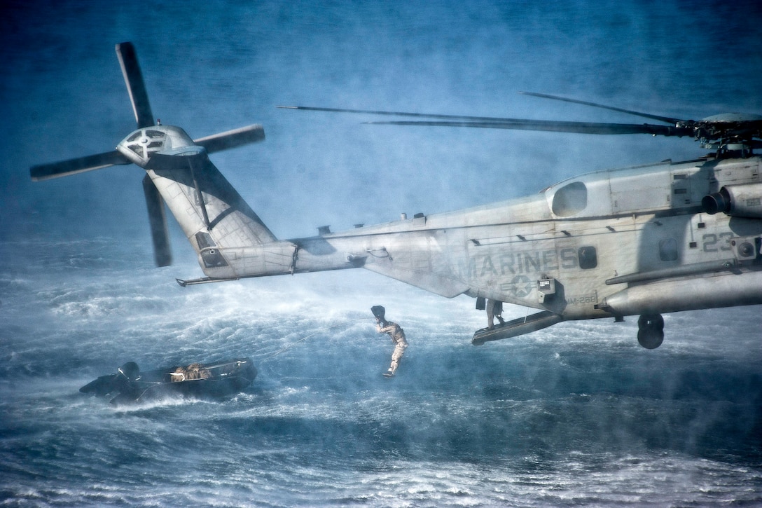 U.S. Marines conduct insertion exercises from a CH-53E Super Stallion helicopter in the Arabian Sea, Jan. 19, 2012. The Marines are assigned to the 11th Marine Expeditionary Unit, which is embarked aboard the USS Makin Island. The ship is supporting maritime security operations and theater security cooperation efforts in the U.S. 5th Fleet area of responsibility.  
