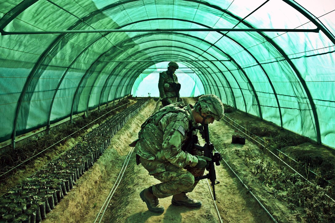 U.S. soldiers inspect a greenhouse in Mahmod-e Raqi district in Kapisa province, Afghanistan, Dec. 28, 2011. The soldiers are assigned to the Kentucky National Guard Agribusiness Development Team 3. Team members were helping Afghans improve agricultural growth.  
