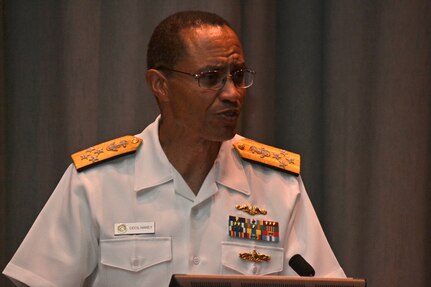 OFFUTT AIR FORCE BASE, Neb. (June 4, 2014) Commander, U.S. Strategic Command (USSTRATCOM) Adm. Cecil D. Haney speaks at USSTRATCOM's Battle of Midway Commemoration ceremony. The ceremony, which observed the battle's 72nd anniversary, featured Haney and the USSTRATCOM Petty Officer Association detailing the decisive battle in the Pacific during World War II. USSTRATCOM is one of nine DoD unified combatant commands and is charged with space operations, information operations, missile defense, global command and control, intelligence, surveillance and reconnaissance, global strike, strategic deterrence, and combating weapons of mass destruction (U.S. Navy photo by Mass Communication Specialist 1st Class Byron C. Linder/Released)