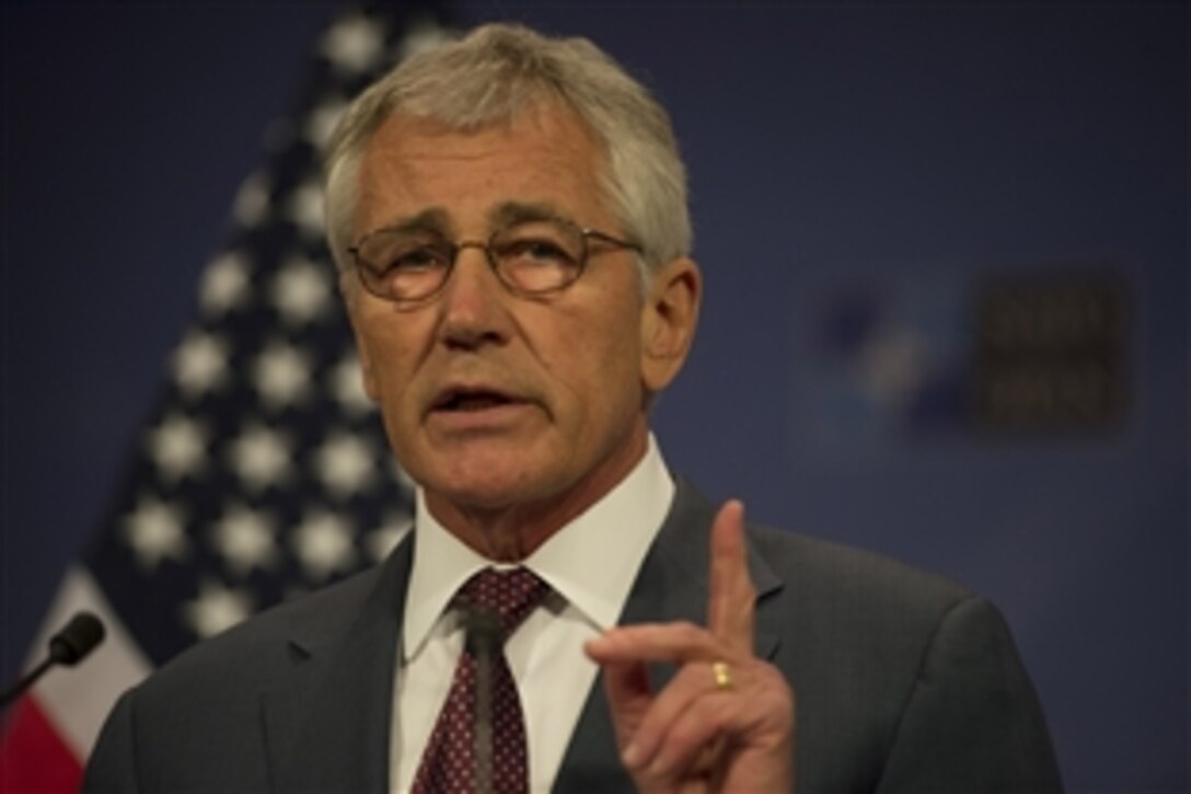 U.S. Defense Secretary Chuck Hagel conducts a press briefing at NATO headquarters in Brussels, June 4, 2014. 

