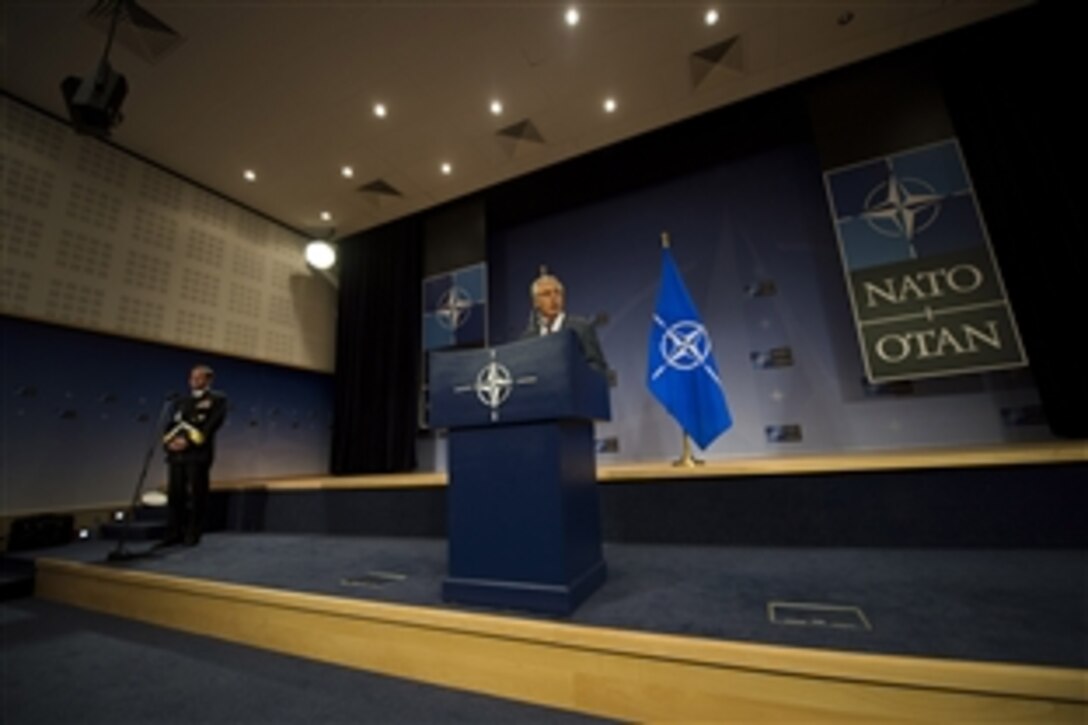 U.S. Defense Secretary Chuck Hagel conducts a press briefing at NATO headquarters in Brussels, June 4, 2014.