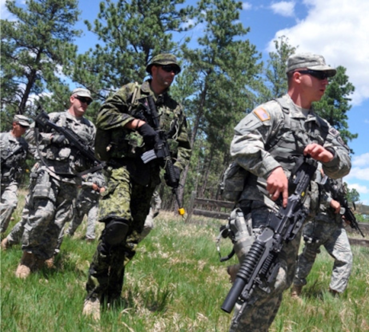 Soldiers from the 860th Military Police Company, Arizona Army National Guard, and the Danish Home Guard Force Protection Platoon, conduct a joint patrol on West Camp Rapid during the Golden Coyote training exercise June 10, 2012, near Rapid City, S.D. National Guard, U.S. Reserve and international forces use the exercise as an opportunity to conduct joint training in support of overseas contingency operations and homeland defense.