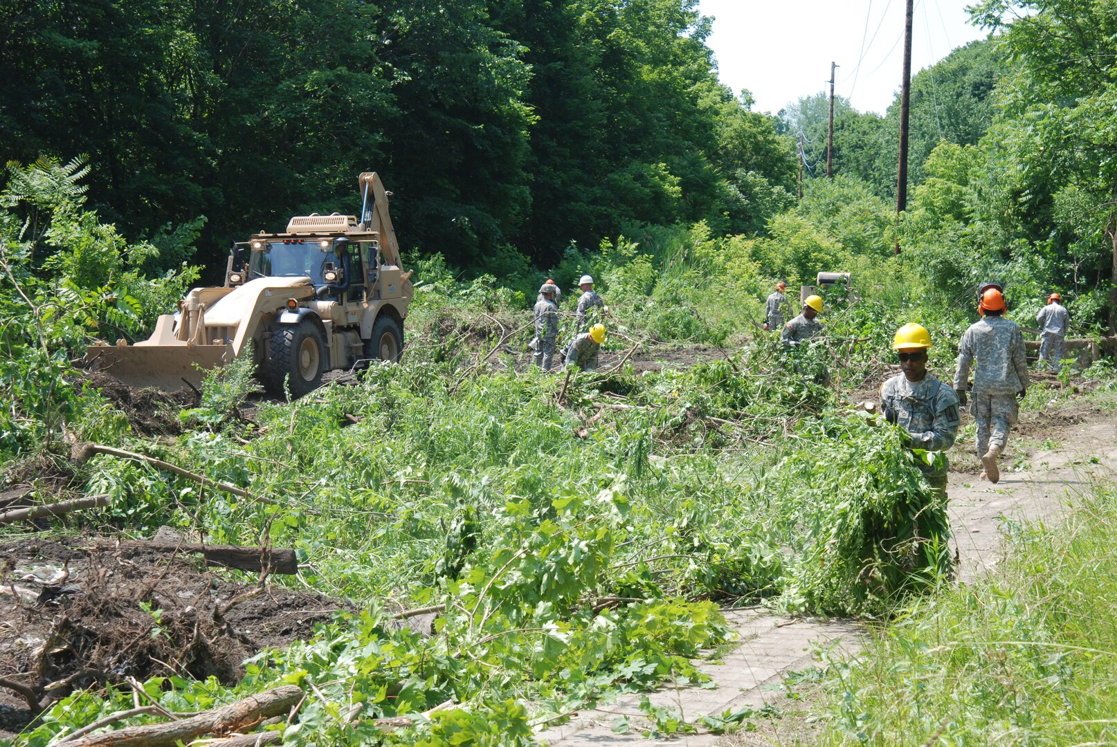 Soldiers from New York Army National Guard's 204th Engineer Battalion level trees and remove underbrush from the ruins of the Erie Canal in Cohoes, N.Y., as part of a project to transform the canal area into a park and trail area, June 11, 2012. The project is part of Innovative Readiness Training, which allow Army National Guard and Army Reserve units the ability to take part in local community projects when the work involves the unit's combat tasks and the job is not something the municipal workforce or a private company would ordinarily be able to accomplish.