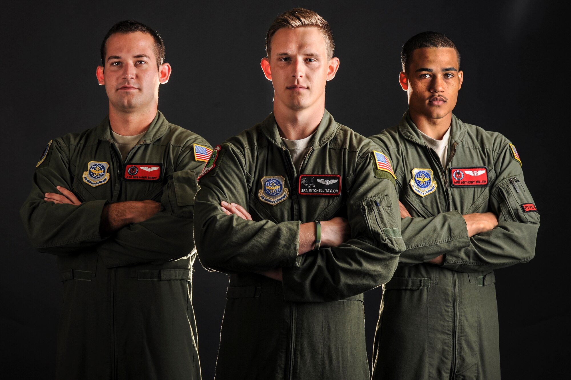 (From left to right) Airman 1st Class Benjemin Berry, a 50th Airlift Squadron loadmaster, Senior Airman Mitchell Taylor, a 41st Airlift Squadron loadmaster and Airman Anthony Miller, a 50th Airlift squadron loadmaster, witnessed a motorcycle crash in April and used their military self-aid buddy care training to bring the injured motorcyclist to consciousness. Every Airman that assisted the victim attributed their quick thinking and knowledge of SABC training that the Air Force instilled in them. (U.S. Air Force photo by Airman 1st Class Cliffton Dolezal)