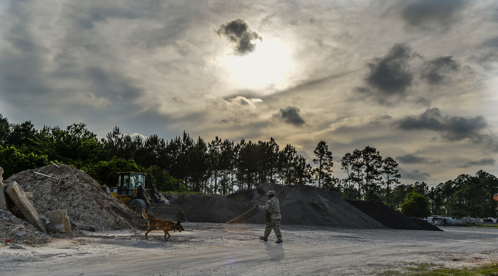 Staff Sgt. Corey Rainge, 1st Special Operations Security Forces Squadron military working dog handler and his dog Cora, work together to find simulated explosives on Hurlburt Field, Fla., May 26, 2014. The team will be attending pre-deployment training at Ft. Bliss, Texas to prepare for an upcoming deployment. (U.S. Air Force photo/Senior Airman Christopher Callaway) 