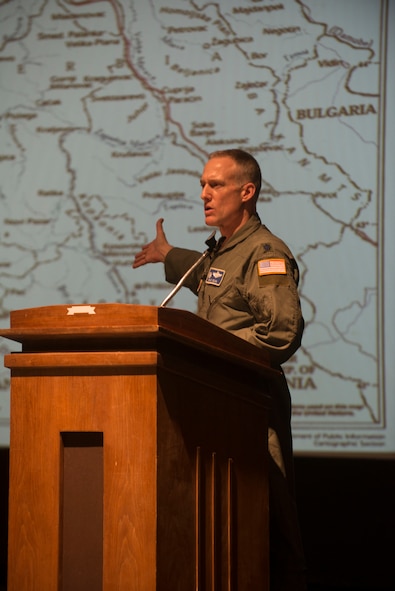 Retired U.S. Air Force Lt. Col. Dale Zelko, former F-117A Nighthawk pilot, speaks on his combat search and rescue (CSAR) experience during the CSAR Society Symposium at Moody Air Force Base, Ga., May 28, 2014. Zelko was forced to eject from his F-117A after being shot down during the NATO bombing of Yugoslavia in 1999, and he was rescued a day later by a U.S. Air Force CSAR team. (U.S. Air Force photo by Airman Dillian Bamman/Released)