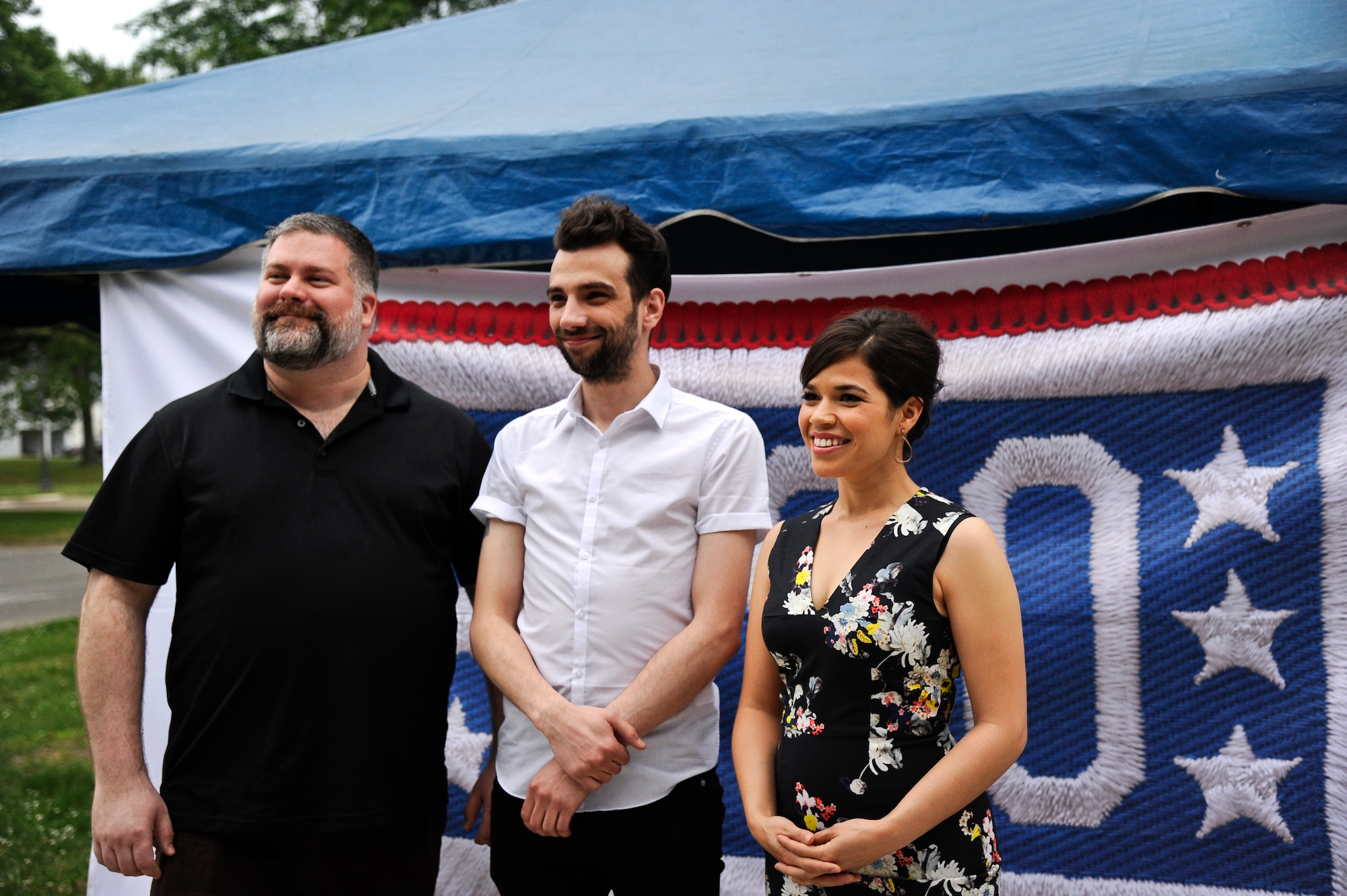 “How to Train Your Dragon 2” cast Dean DeBlois, writer and director, Jay Baruchel, voice of Hiccup, and America Ferrara, voice of Astrid, conduct an interview during an advanced screening of the movie open to military members and their families June 4, 2014, at Joint Base McGuire-Dix-Lakehurst, N.J. The visit to JB MDL was part of a USO tour allowing military families the ability to view the movie a week early, ask cast members questions and get autographs. (U.S. Air Force photo by Staff Sgt. Scott Saldukas/ Released)  