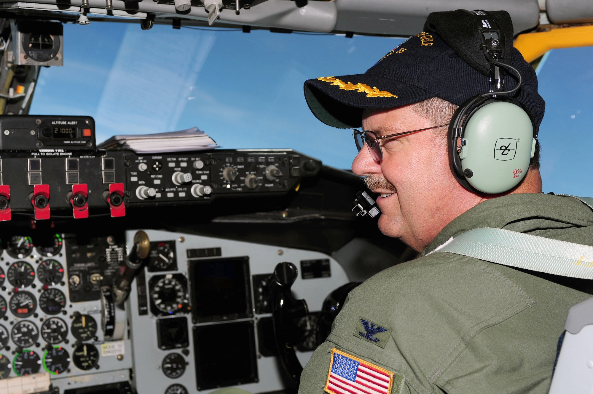 Col. Gregory Gilmour, 916th Air Refueling Wing commander flies a KC-135R Stratotanker in support of Col. Jeannie Leavitt’s final flight as 4th Fighter Wing commander, May 29, 2014. In a show of Total Force Integration, Col. Leavitt flew the F-15E Strike Eagle and refueled with the 916th aircraft. (U.S. Air Force photo/Senior Airman John Nieves Camacho)