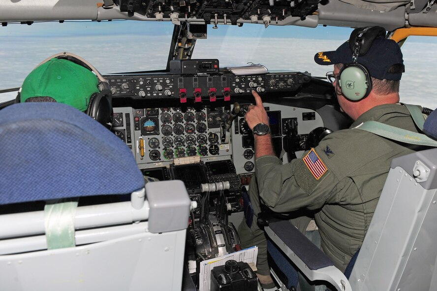 Col. Gregory Gilmour, 916th Air Refueling Wing commander, and Lt. Col. Wayne Turner, 77th Air Refueling Squadron pilot, fly a KC-135R Stratotanker in support of Col. Jeannie Leavitt’s final flight as 4th Fighter Wing commander, May 29, 2014. In a show of Total Force Integration, Col. Leavitt flew the F-15E Strike Eagle and refueled with the 916th aircraft. (U.S. Air Force photo/Senior Airman John Nieves Camacho)
