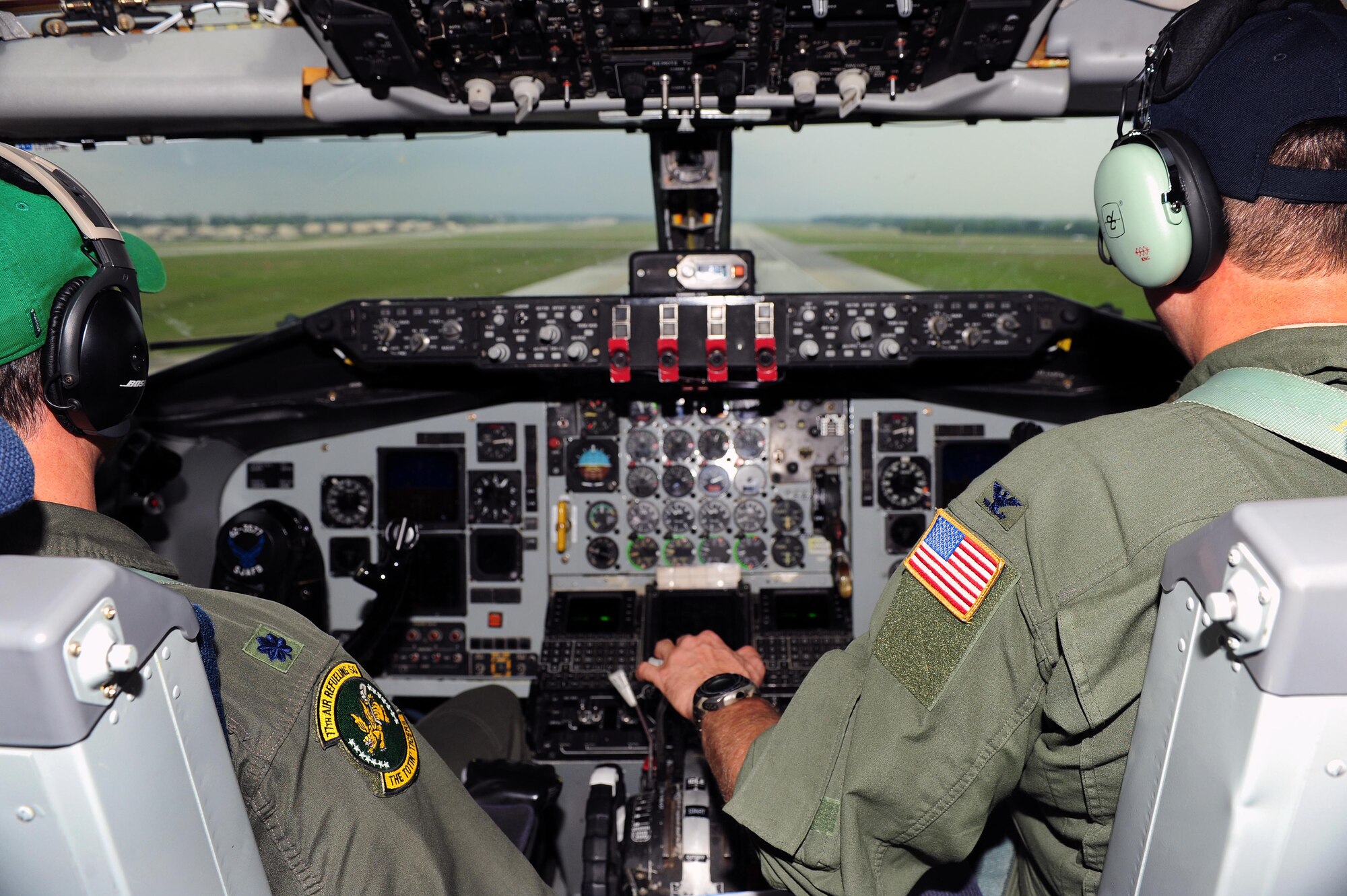Col. Gregory Gilmour, 916th Air Refueling Wing commander, and Lt. Col. Wayne Turner, 77th Air Refueling Squadron pilot, fly a KC-135R Stratotanker in support of Col. Jeannie Leavitt’s final flight as 4th Fighter Wing commander, May 29, 2014. In a show of Total Force Integration, Col. Leavitt flew the F-15E Strike Eagle and refueled with the 916th aircraft. (U.S. Air Force photo/Senior Airman John Nieves Camacho)