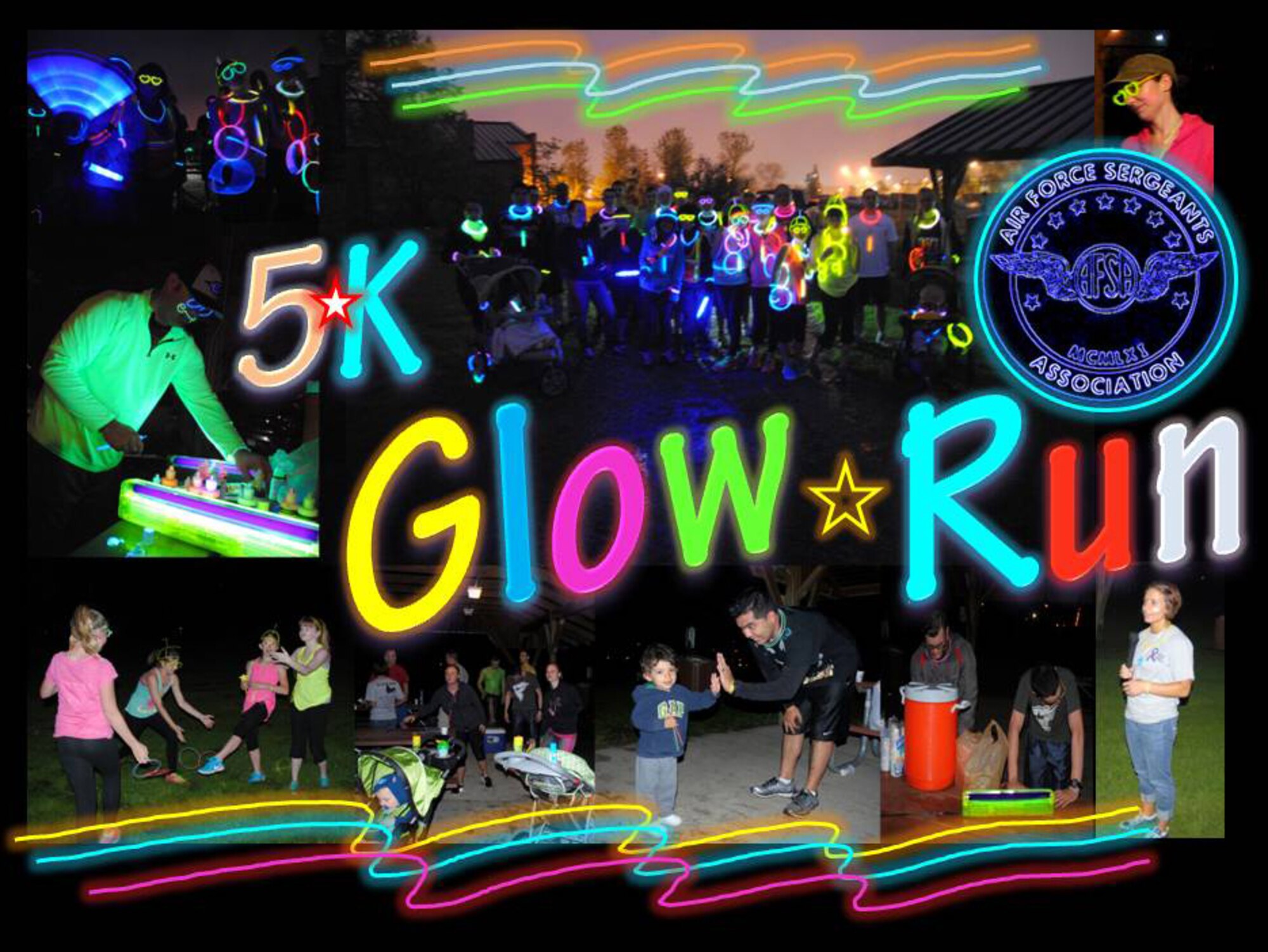 Approximately 50 people participated in the 5K Glow Run sponsored by the Air Force Sergeants Association, Chapter 964 on May 30, 2014, at the pavilion located next to Liberty Square and along the five-kilometer running trail on Grand Forks Air Force Base, N.D. The purpose of the Glow Run was to raise funds for Relay for Life, an annual fundraising event sponsored by the American Cancer Society. (U.S. Air Force photo/Staff Sgt. Luis Loza Gutierrez) 