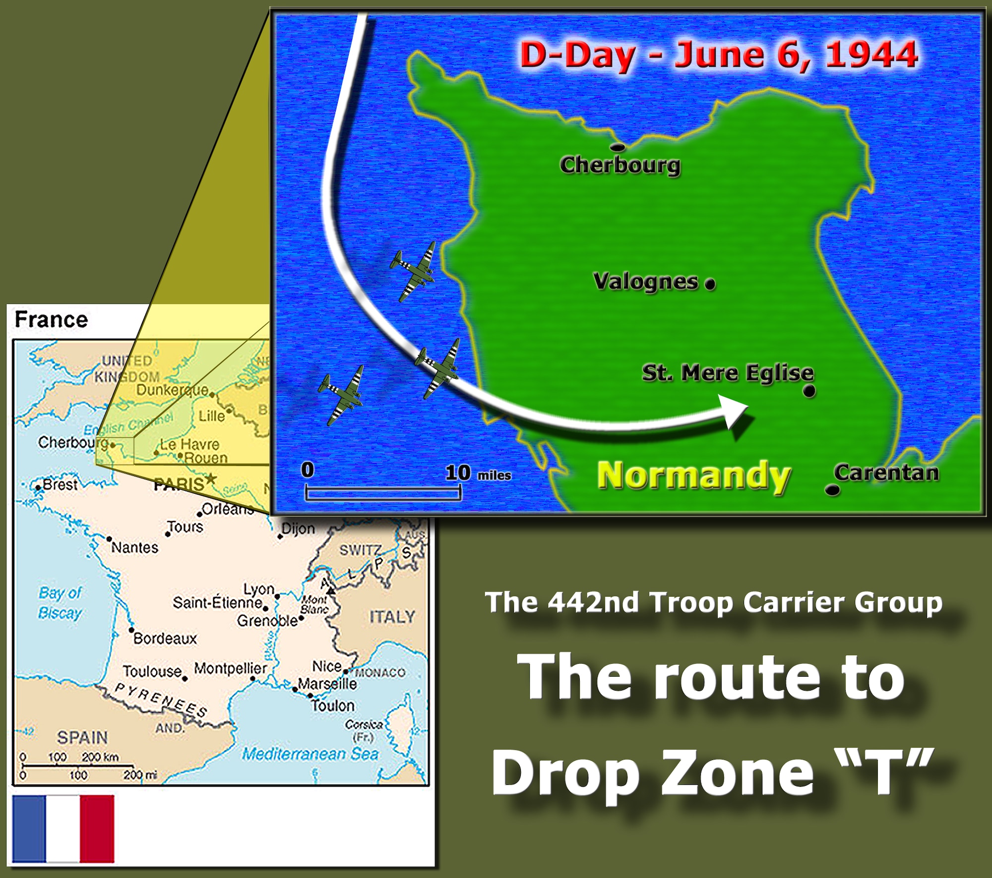 The route the 442nd Troop Carrier Group traversed into Normandy, France, during the early morning hours of June 6, 1944 took them west of the Cherbourg peninsula and over the Channel Islands to approach their designated drop zone near St. Mere Eglise. Aboard the 442nd's 45 C-47 Skytrain aircraft were paratroopers from the 82nd Airborne. The 442nd TCG was the World War II predecessor of the 442nd Fighter Wing. (Graphic by Master Sgt. Bill Huntington)
