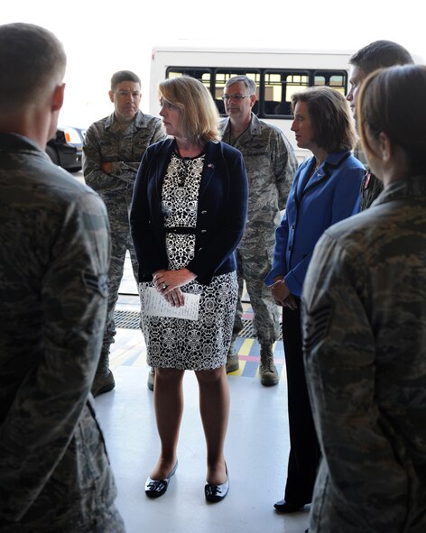 Secretary of the Air Force Deborah Lee James and Congresswoman Vicky Hartzler interact with Airmen during a tour of a B-2 Spirit at Whiteman Air Force Base, Mo., May 29, 2014.  James began her visit by touring several different units on base before attending a luncheon with base and community leaders. (U.S Air Force photo by Airman 1st Class Joel Pfiester/Released)