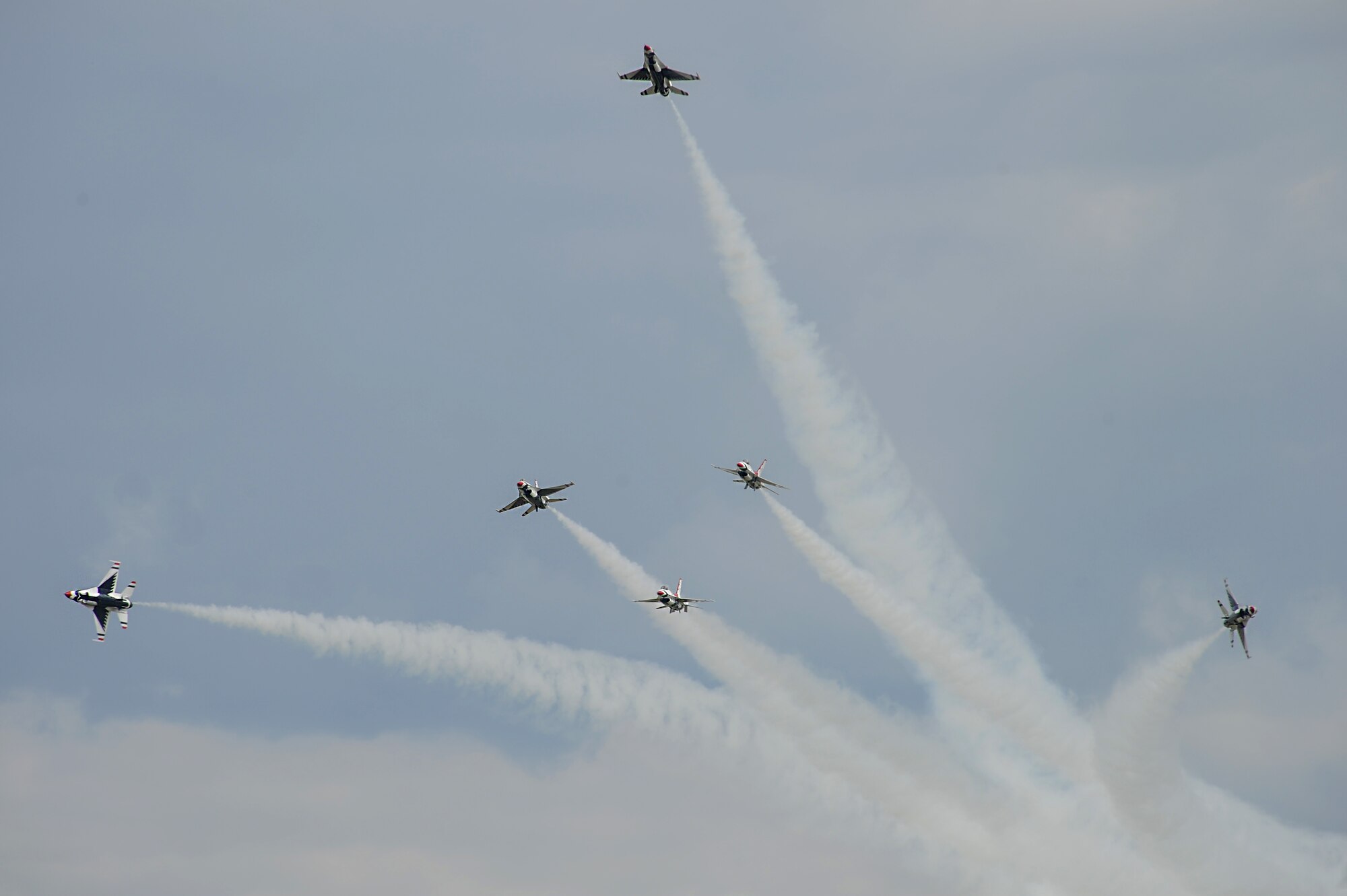The Air Force Thunderbirds aerial demonstration team flies in formation during SkyFest 2014 at Fairchild Air Force Base, Wash., June 1, 2014. The Thunderbirds have flown the F-16 Fighting Falcon since August 1982, more than half of the team's history. SkyFest is Fairchild’s air show and open house, giving the local and regional community the opportunity to view Airmen and our resources. The event typically draws more than 150,000 people. SkyFest 2008, headlined by the Blue Angels, was the largest event held in Spokane since the 1974 World’s Fair. (U.S. Air Force photo by Airman 1st Class Janelle Patiño/Released)