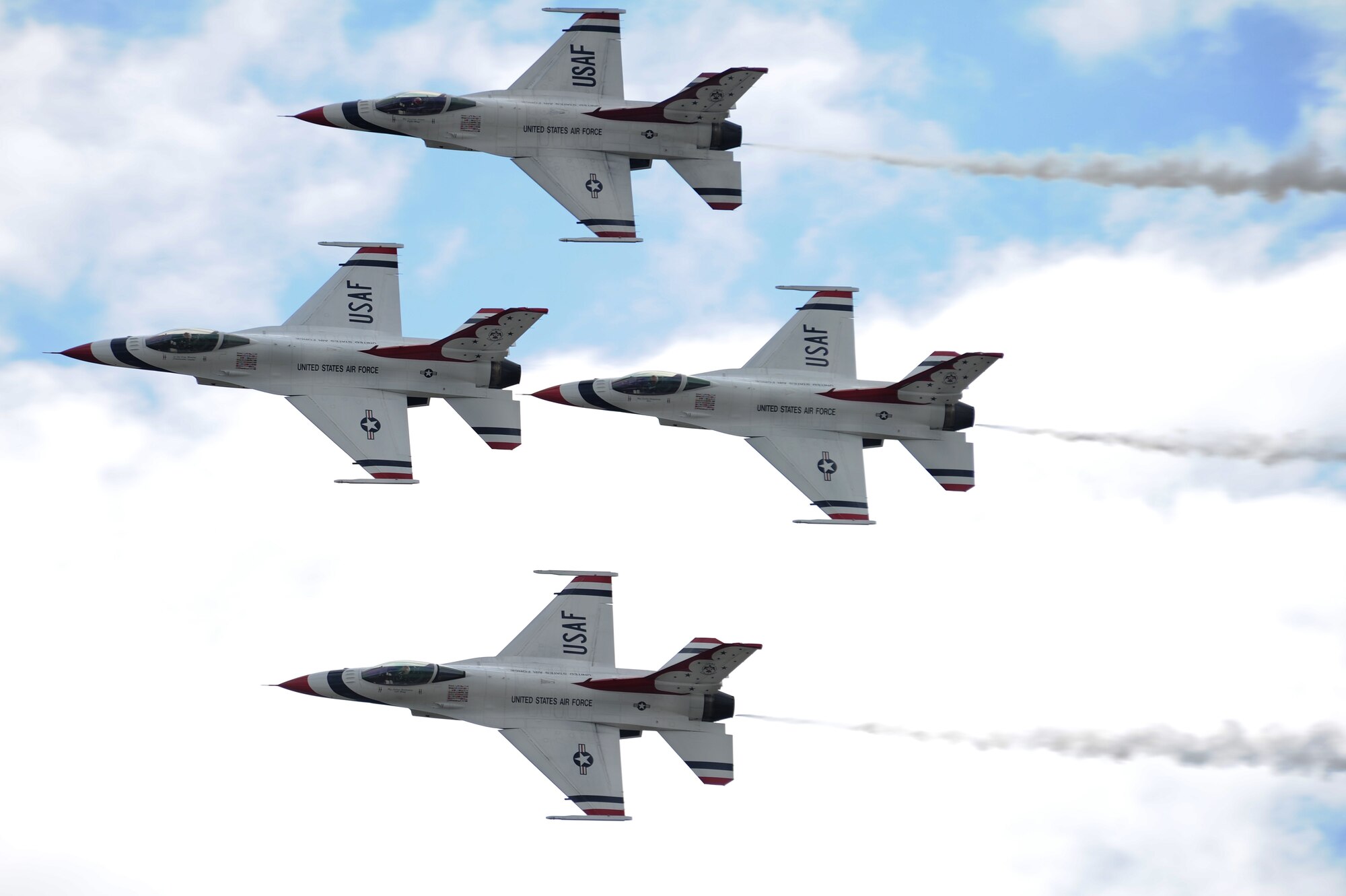 The Air Force Thunderbirds aerial demonstration team flies in formation during SkyFest 2014 at Fairchild Air Force Base, Wash., June 1, 2014. The Thunderbirds have flown the F-16 Fighting Falcon since August 1982, more than half of the team's history. SkyFest is Fairchild’s air show and open house, giving the local and regional community the opportunity to view Airmen and our resources. The event typically draws more than 150,000 people. SkyFest 2008, headlined by the Blue Angels, was the largest event held in Spokane since the 1974 World’s Fair. (U.S. Air Force photo by Airman 1st Class Janelle Patiño/Released)