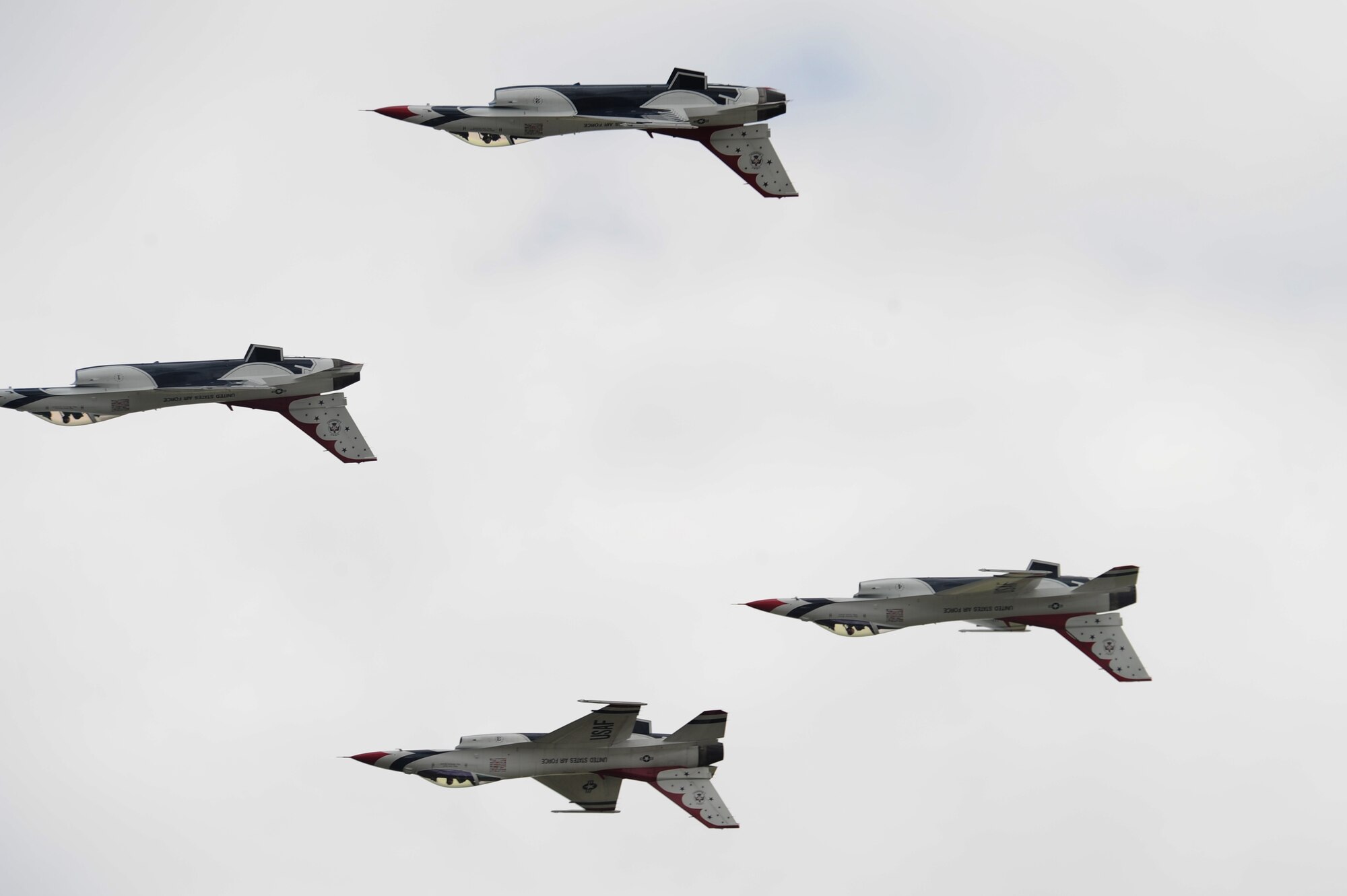 The Air Force Thunderbirds aerial demonstration team flies in formation during SkyFest 2014 at Fairchild Air Force Base, Wash., June 1, 2014. The Thunderbirds have flown the F-16 Fighting Falcon since August 1982, more than half of the team's history. SkyFest is Fairchild’s air show and open house, giving the local and regional community the opportunity to view Airmen and our resources. The event typically draws more than 150,000 people. SkyFest 2008, headlined by the Blue Angels, was the largest event held in Spokane since the 1974 World’s Fair. (U.S. Air Force photo by Airman 1st Class Janelle Patiño/Released)