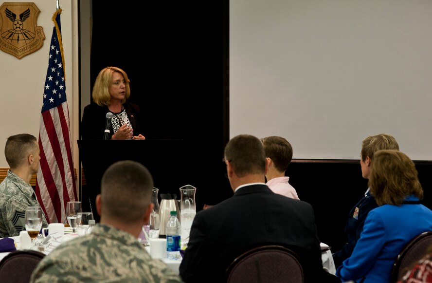 Secretary of the Air Force Deborah Lee James speaks to members of the base community council during a luncheon May 29, 2014 at Whiteman Air Force Base, Mo. James visited Whiteman to learn about the installation’s various capabilities and meet the people who make the mission happen. (U.S. Air Force photo by Senior Airman Daniel Phelps/Released)