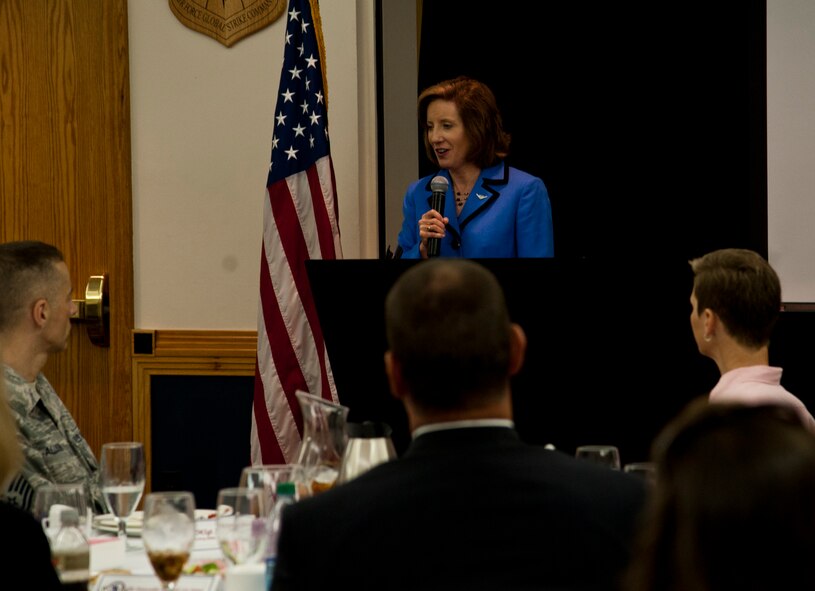 Congresswoman Vicky Hartzler (MO-4) speaks to members of the base community council during a luncheon May 29, 2014 at Whiteman Air Force Base, Mo. Harztler is a U.S. Representative for Missouri's 4th congressional district. (U.S. Air Force photo by Senior Airman Daniel Phelps/Released)