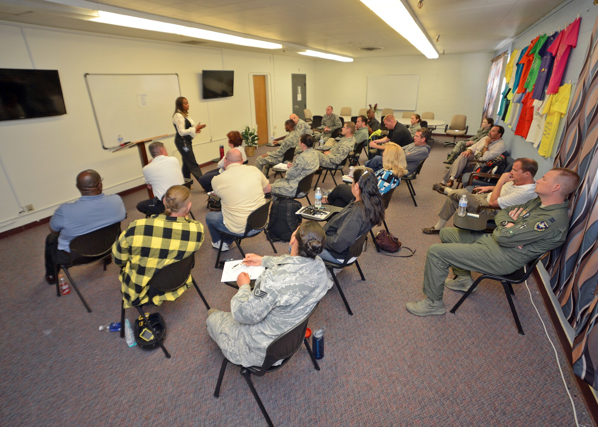 Kimberly Shirley, 412th Test Wing Sexual Assault Response Coordinator, facilitates training for Sexual Assault Victim Advocates at the new Sexual Assault Prevention and Response center May 14. The new center can be used by any unit for on-base SAPR training. (U.S. Air Force photo by Jet Fabara)