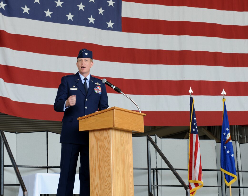 Col. Douglas Lee speaks during a change of command ceremony at Beale Air Force, Calif., May 30. Lee assumed command of the 9th Reconnaissance Wing from Col. Phil Stewart. (U.S. Air Force photo by Staff Sgt. Robert M. Trujillo/Released)   