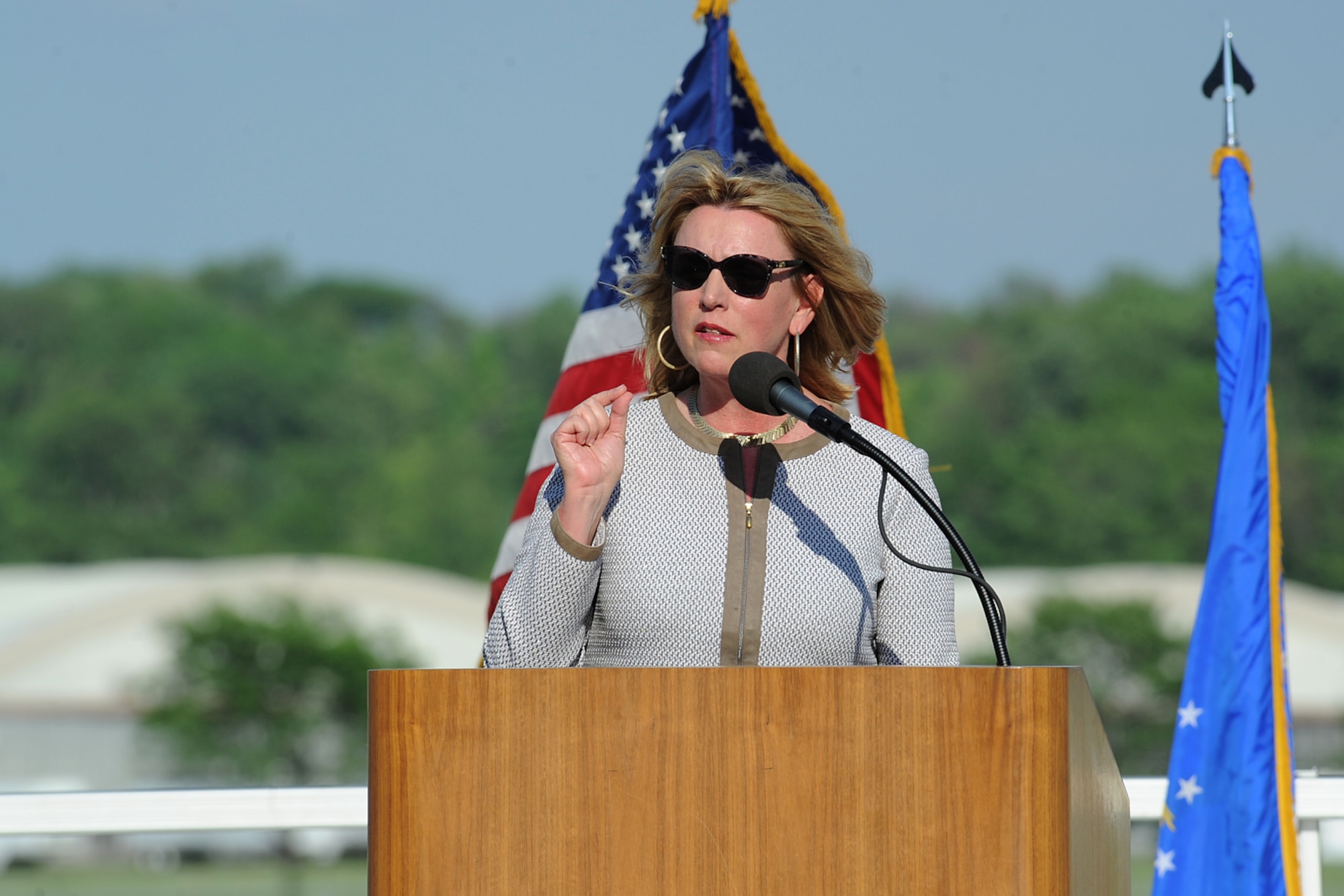 DAYTON, Ohio -- A ceremonial groundbreaking event for the new 224,000 square foot fourth building was held on June 3, 2014, at the National Museum of the U.S. Air Force. Secretary of the Air Force Deborah Lee James gave her comments about the importance of the museum's expansion. (U.S. Air Force photo by Jeff Fisher) 
