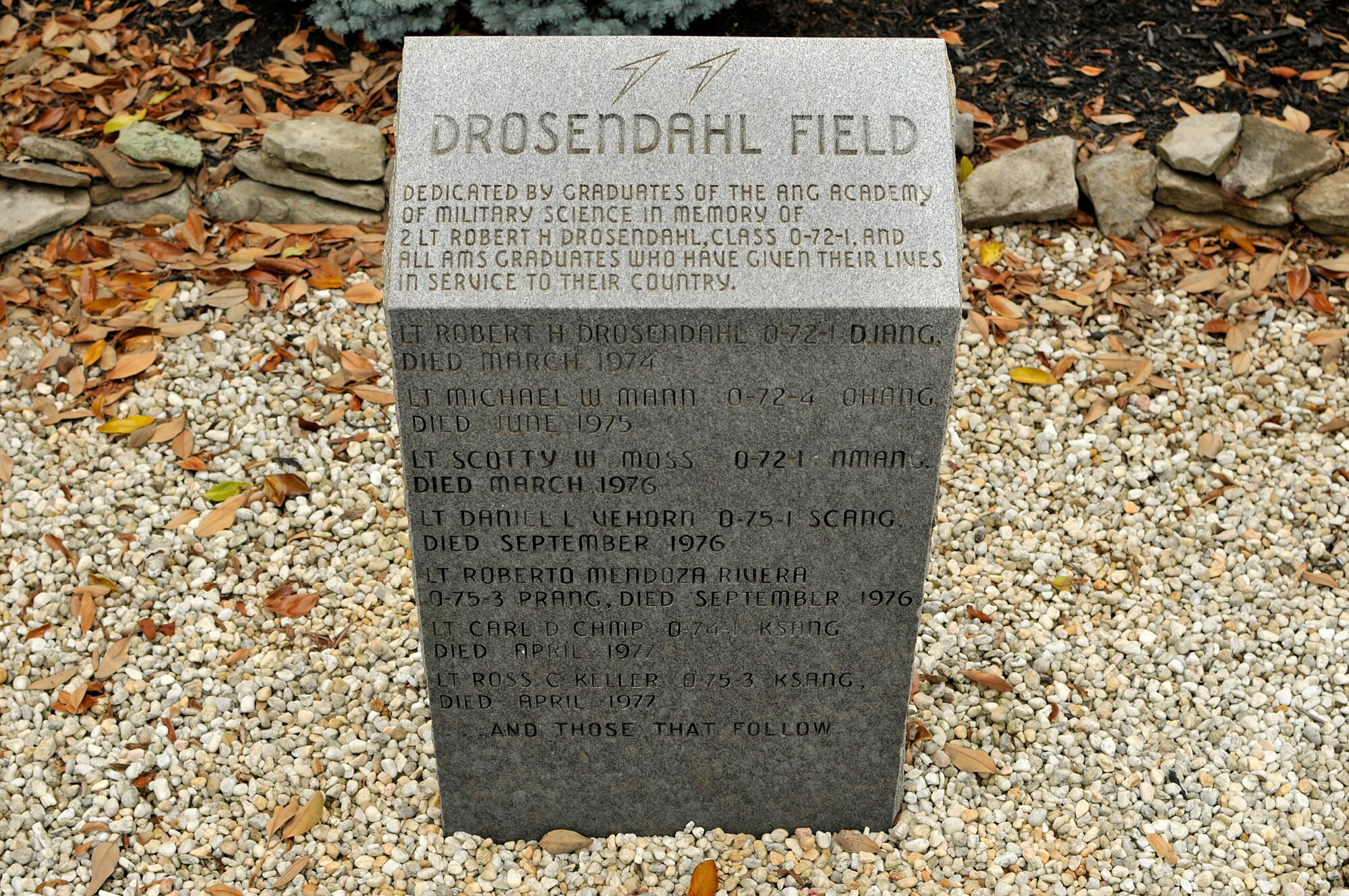 MCGHEE TYSON AIR NATIONAL GUARD BASE, Tenn. - A memorial stone, located on the edge of the parade ground at the I.G. Brown Training and Education Center here, was dedicated by graduates of the Academy of Military Science in memory of Air Force 2nd Lt. Robert H. Drosendahl, a 1972 AMS graduate and a New Jersey Air National Guard officer.  Other TEC students included National Guard officers from Ohio, New Mexico, South Carolina, and Kansas who died in service to the nation. (U.S. Air National Guard photo by Master Sgt. Mike R. Smith/Released)