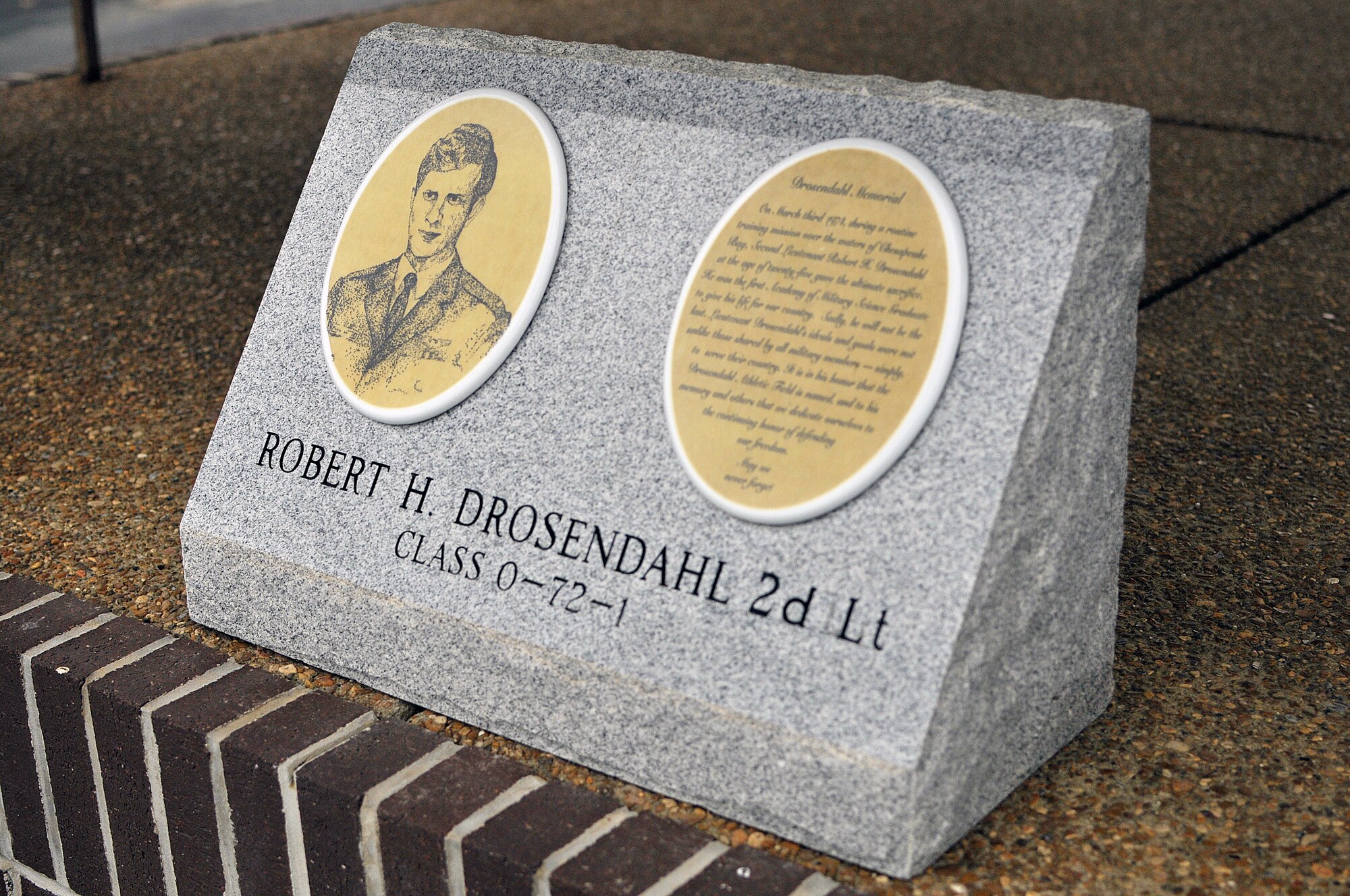 MCGHEE TYSON AIR NATIONAL GUARD BASE, Tenn. - A memorial stone, located on the edge of the parade ground at the I.G. Brown Training and Education Center here, was dedicated by graduates of the Academy of Military Science in memory of Air Force 2nd Lt. Robert H. Drosendahl, a 1972 AMS graduate and a New Jersey Air National Guard officer. (U.S. Air National Guard photo by Master Sgt. Mike R. Smith/Released)