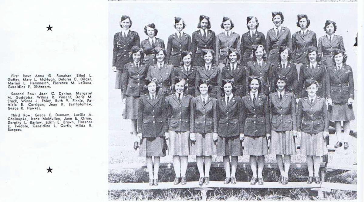 2nd Lt Grace E. Dunnam, flight nurse of first official air evacuation flight out of Normandy, bottom row, far left. (credit WWII Flight Nurse Association, 1944)