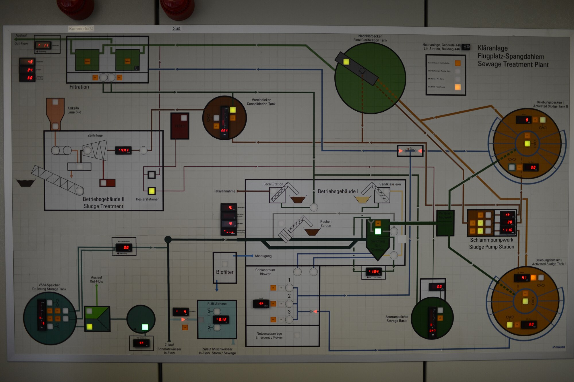 An electronic map rests at the wastewater treatment facility at Spangdahlem Air Base, Germany, June 4, 2014. The map allows technicians to remotely monitor the status of the different pumps and tanks around the facility. (U.S. Air Force photo by Senior Airman Gustavo Castillo/Released)