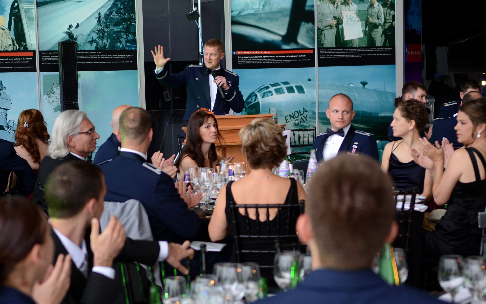 U.S. Air Force Lt. Col. William Freeman, 7th Special Operations Squadron commander, speaks to attendees of the 7th SOS 50th anniversary celebration May 31, 2014, at the Imperial War Museum Duxford in Cambridge, England. The event included speeches from members of the special operations community, dinner and dancing. (U.S. Air Force photo/Airman 1st Class Dillon Johnston/Released)