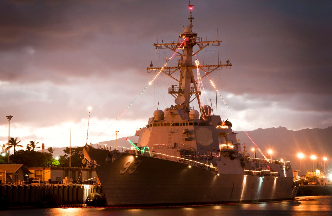 The USS Chung-Hoon shows off its Christmas lights on Joint Base Pearl Harbor-Hickam, Hawaii, Dec. 21, 2011.  
