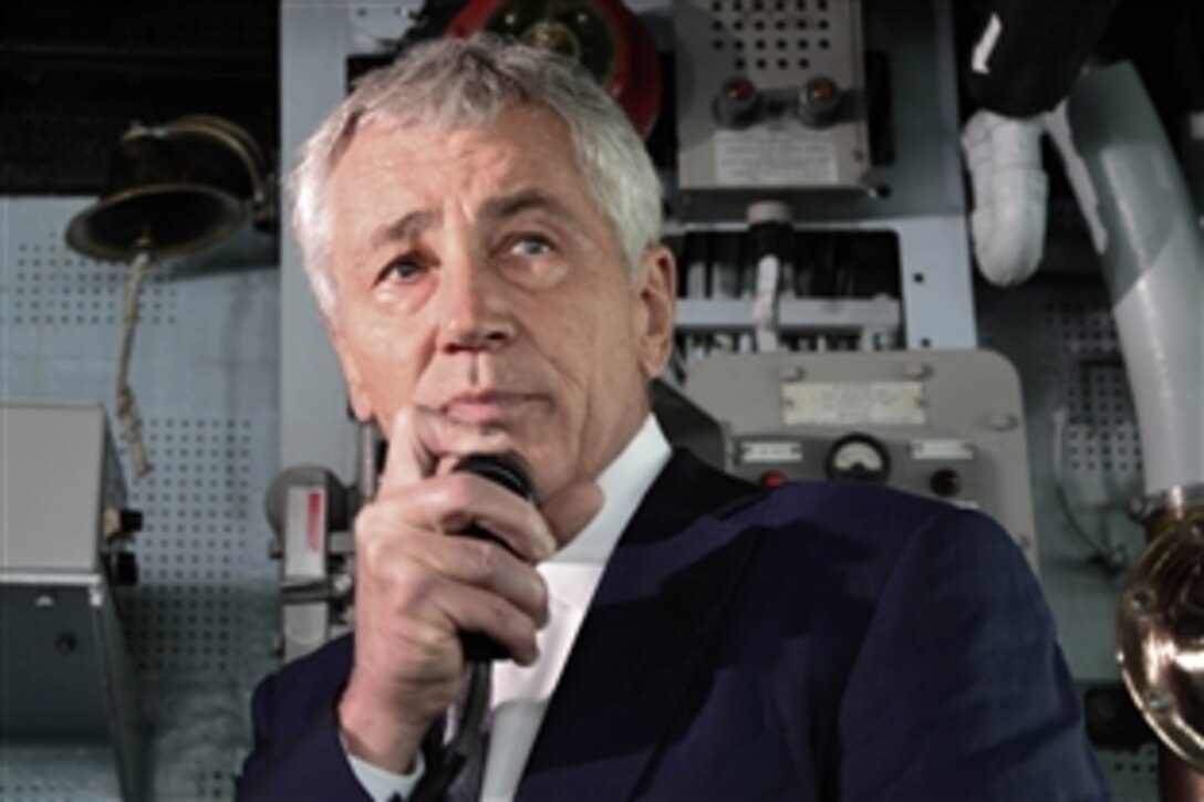U.S. Defense Secretary Chuck Hagel addresses the crew of the USS Vella Gulf in Constanta, Romania, June 5, 2014. The Vella Gulf is deployed in the U.S. 6th Fleet area of responsibility to contribute to regional maritime security and to support NATO operations and deployments throughout the region.