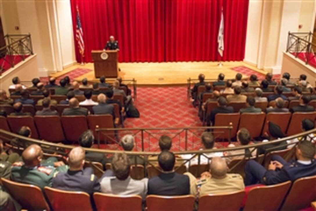 Army Gen. Martin E. Dempsey, chairman of the Joint Chiefs of Staff, addresses students of the National Defense University International Fellowship Program on Fort NcNair, Washington D.C., June 5, 2014. Participants in the one-year fellowship are select senior officers from more than 50 nations who are personally invited by the chairman. 