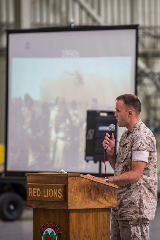 Capt. Joshua Showalter, aviation safety officer with Marine Medium Tiltrotor Squadron (VMM) 363, describes some of the background history of VMM-363 during the squadron’s 62nd anniversary ceremony aboard Marine Corps Air Station Miramar, Calif., June 2. The ceremony was also dedicated to the unveiling of the squadron’s new insignia and their fully operational capabilities.