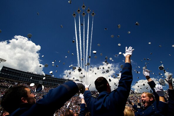 The U.S. Air Force Thunderbirds fly the Delta formation May 28, 2014, over Falcon Stadium during the U.S. Air Force Academy graduation ceremony. The flyover marks the first return of the Thunderbirds to Colorado Springs, Colo., since sequestration last year. (U.S. Air Force photo/Staff Sgt. Larry E. Reid Jr.)