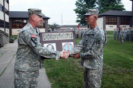 Army Lt. Col. Timothy Fanter, left, commander of 1st Battalion, 623rd Field Artillery Regiment, presents the Alexander Hamilton Award plaque to Sgt. 1st Class Jeff Campbell, a firing battery platoon sergeant with the battalion's B Battery, during a formation at Fort Knox, Ky. The Soldiers of B Battery were won the annual Hamilton Award, recognizing the unit as the most outstanding field artillery unit in the National Guard.