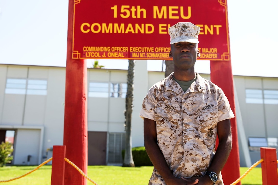 Captain Abdul Mack, adjutant, 15th Marine Expeditionary Unit, from Brooklyn, New York, has worked hard throughout his 20 years in the Marine Corps to become the leader he always strived to be. Mack uses the tools he has learned in his career to lead and inspire his Marines. (U.S. Marine Corps photo by Lance Cpl. Anna Albrecht/Released)